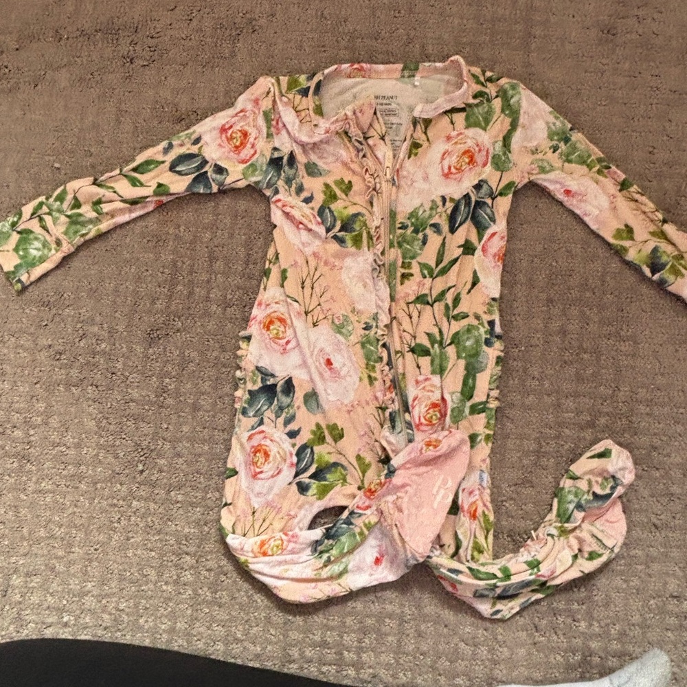 Posh peanut ruffle footie pink floral 12-18 months